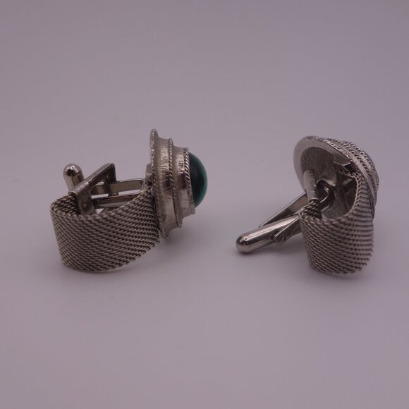 Watch Band Style Circular Green Stone Cuff Links - Picture 3 of 16